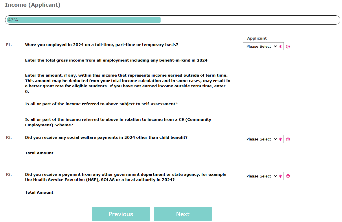 Image of Income Applicant F1-F3 screen
