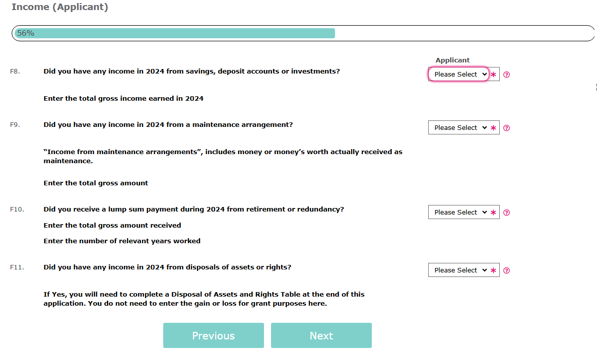 Image of Income Applicant F8-F11 screen