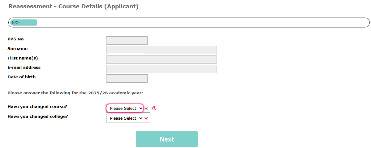 Image of Reassessment Course Details 25-26 screen