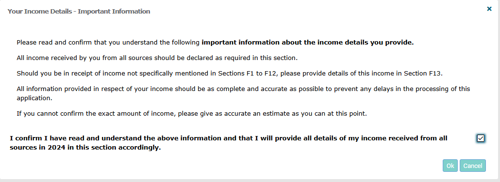 Your Income details important information screen
