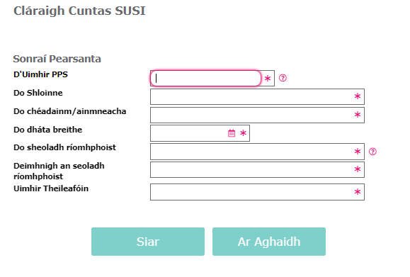 Register for a susi account Gaeilge screenshot