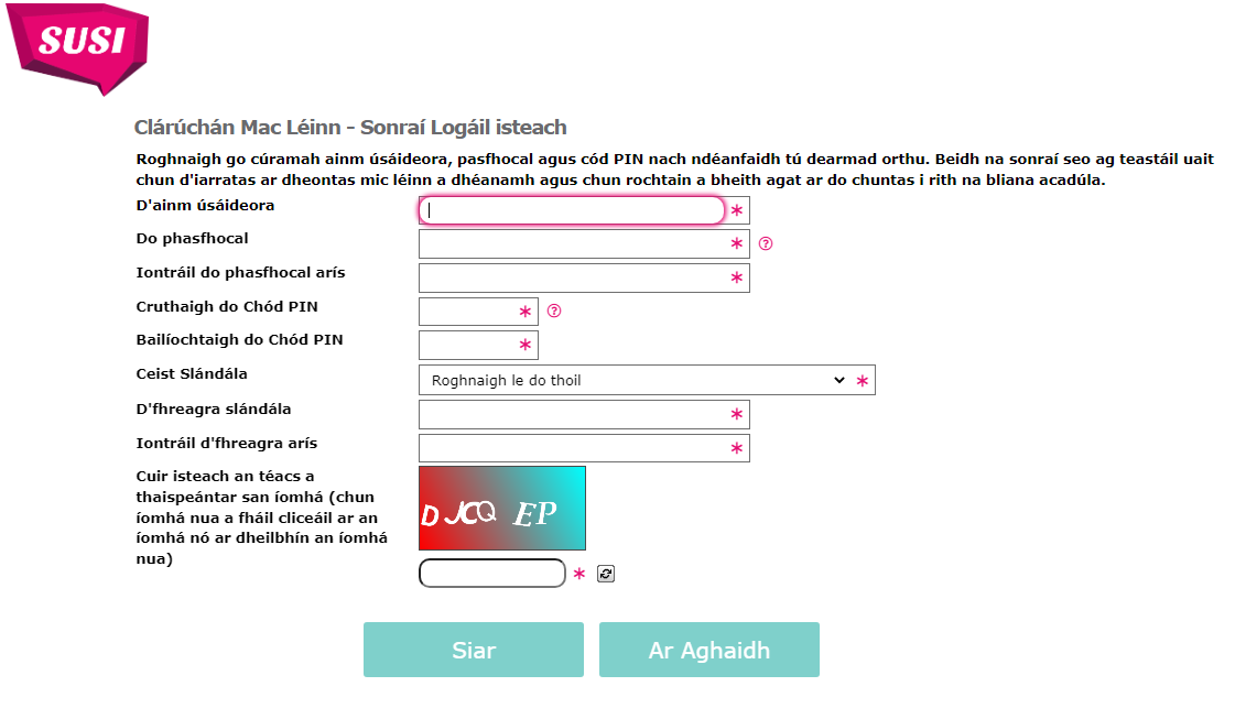 Image Irish registration username password pin code screenshot