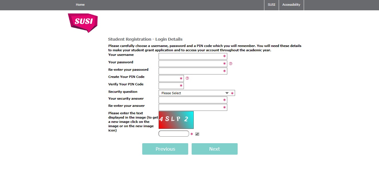 Image of create your login details screen